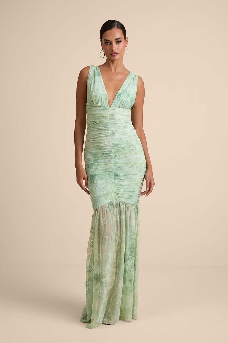 NWT Lulus Jamie Mint Green Floral Mesh Sheer Hem Maxi Dress Gala Banquet Sz L
